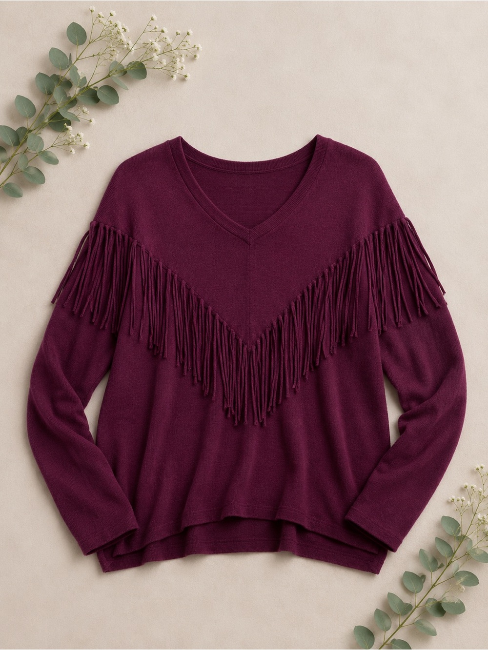 DKNY pullover V-Neck Fringe Sweater